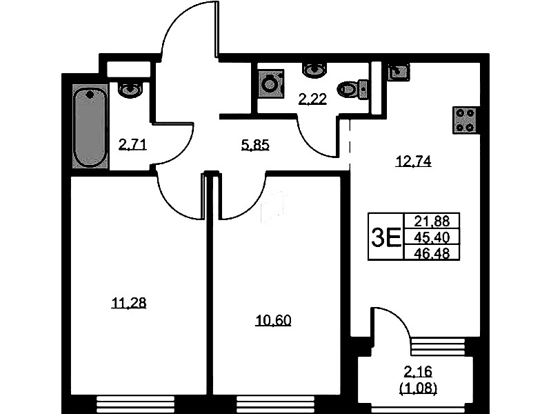 2-комнатная квартира 46.48 м², 1/9 эт., ЖК «GloraX Новоселье»